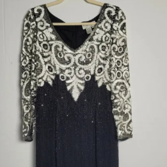 Oleg Cassini Vintage Beaded Black Tie Sequin Dress Black‎ White Silver - Picture 1 of 11